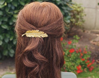 Feather hair clip silver or gold leaf metal hair clip hair clip hair accessories hairstyle hair clip leaves feathers gold leaf