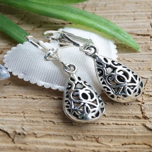 Vintage Silver Earrings Drop Antique Filigree Teardrop Earrings