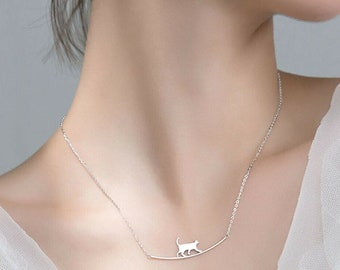 Necklace 925 sterling silver cat pendant silver chain fine delicate cat chain running cat chain pendant