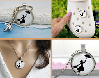 Keychain Necklace Silver Fantasy Mary Poppins Musical with Umbrella Umbrella Pendant, Gift Fairy Tale