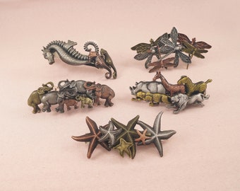 Hair clip metal elephants animals dolphins dragonfly Africa vintage