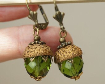 Acorn earrings bronze Bohemian glass beads acorn nature poetry autumn forest earrings