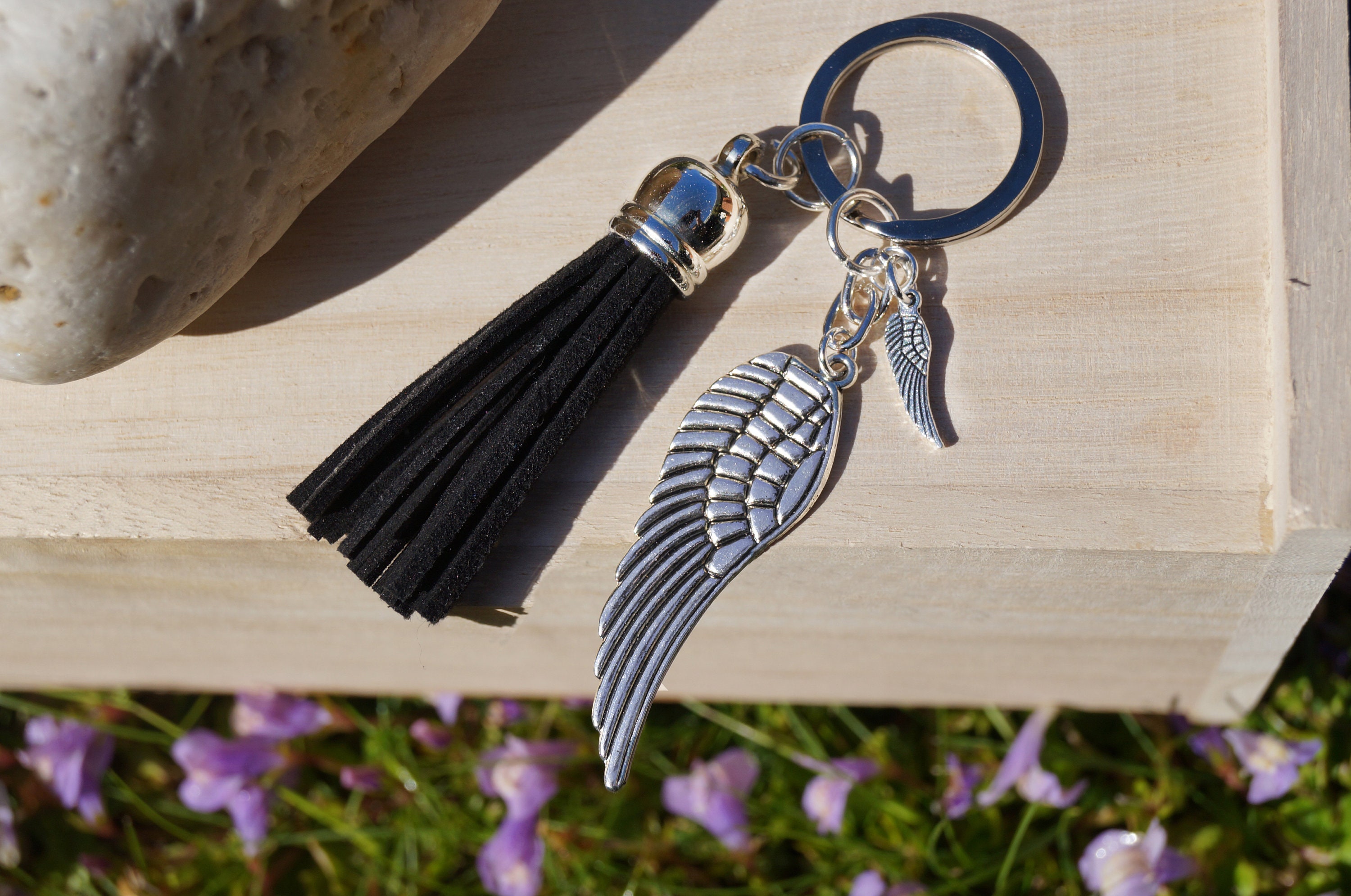 Key Ring With Silver Wings Angel Wings And Leather Tassel In Etsy