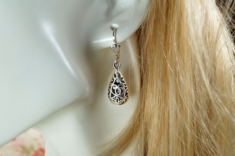 Vintage Silver Earrings Drop Antique Filigree Teardrop Earrings image 4