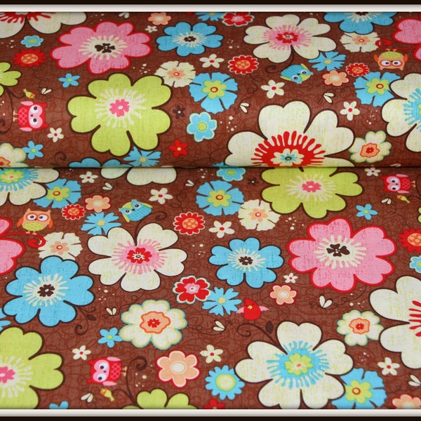 Baumwollstoff Riley Blake Happy Flappers Blumen und Eulen -braun- 0,5 m