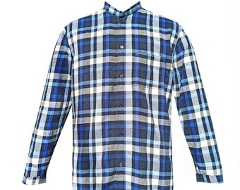 Blue checked shirt with mandarin collar