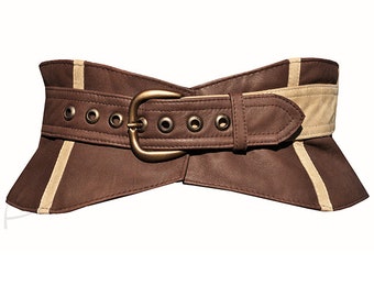 Chocolate- brown and beige leather belt