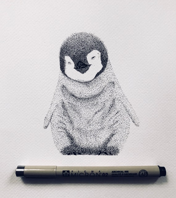 Baby Penguin Original Drawing On 100 Cotton Paper Penguin Etsy