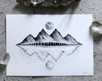 Meditation art - small mountain landscape black and white/ yoga art/ spiritual art/ moon art