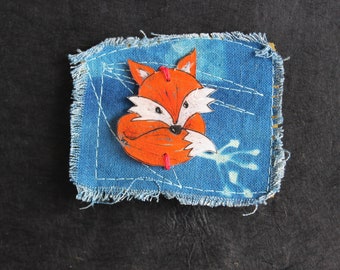 Broche fox cyanotype originale sur tissu et cuir pièce unique d'une petite série