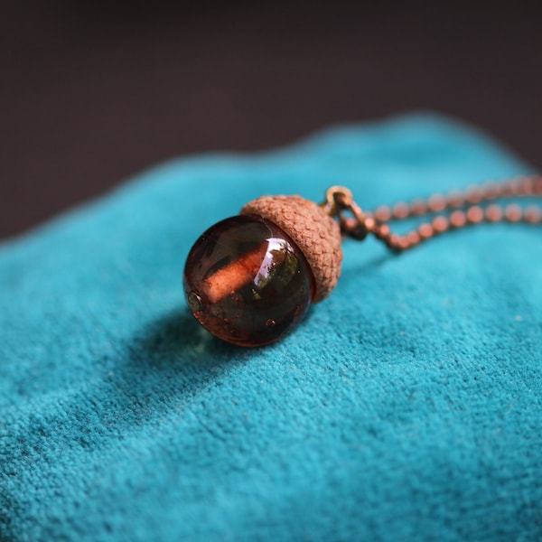 Necklace acorn hat nature pendant pink brown glass pearl single piece copper chain