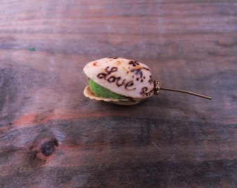 Personalized "Love" love hand engraved real nut pistachio pendant necklace painted green felt upcycled personilzed