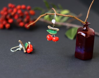 Boucles d'Oreilles Cerise Verre Branche Naturelle Pendentif Feuille Verte Rouge