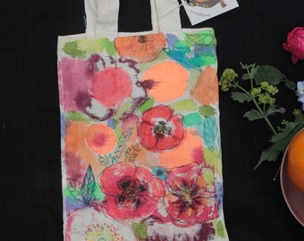 RÉSERVÉ 1 sachet toile de jute petite peinture originale coquelicots fleurs jute naturelle pièce unique