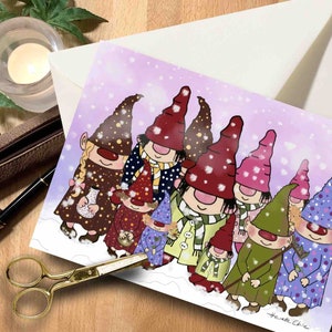 Tarjeta de carta elfos enanos gnomos acuarela tarjeta de acuarela tarjeta de Navidad pintada a mano