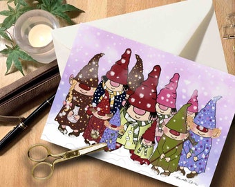 Briefkarte Wichtel Zwerge Gnome Aquarell Watercolor Karte handgemalt Weihnachten Weihnachtskarte