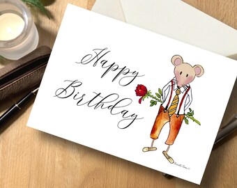 Geburtstagskarte Maus mit Rose „Happy Birthday”