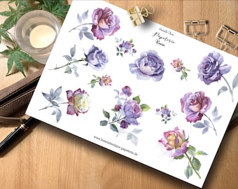 Aufkleber zarte Rosen Roses stickers pink violet aquarell Wasserfarben bullet journal planer Geschenkaufkleber planerstickers