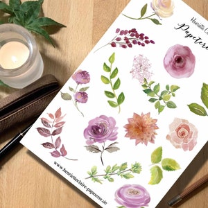 Autocollant STICKER roses renoncules dahlia feuilles aquarelle peinte à la main