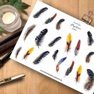 Könnte beinhalten: Ein Blatt mit bunten Aquarell-Federn-Stickern. Die Sticker zeigen verschiedene Federdesigns in Blautönen, Gelb, Rot und Schwarz. Das Blatt ist mit "Handilth Claire Papeterie Federn 1" beschriftet und enthält die Website-Adresse "www.bernietteclaire-papeterie.de".