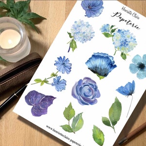 Autocollant Aquarelle fleurs bleues délicates HYDRANGEAS et feuilles autocollants peints à la main