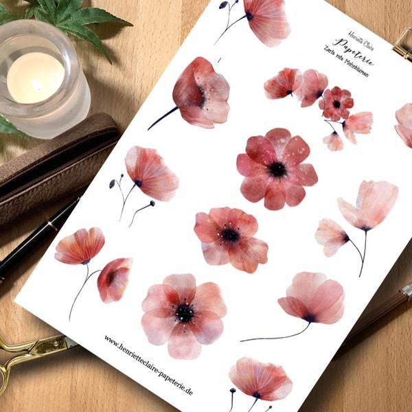 Aufkleber Mohnblumen Rot Zart poppies sticker watercolor red flowers Aquarell Geschenk Lehrerin rote Blumen Tatoo