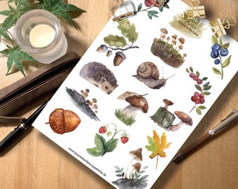May include: A sheet of watercolor stickers featuring woodland creatures and plants. The stickers include a hedgehog, snail, mushrooms, acorns, berries, and leaves. The text on the sheet reads "Mysteries in the Forest".