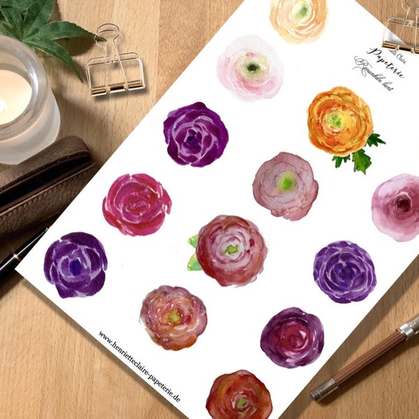 Sticker Ranunculus ROSES Pink Violet Pink stickers ranunculus Roses handdrawn watercolor Watercolor Henriette Claire glossy paper matt