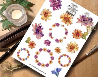 Stickers Colorful Flowers and Wreaths Watercolor