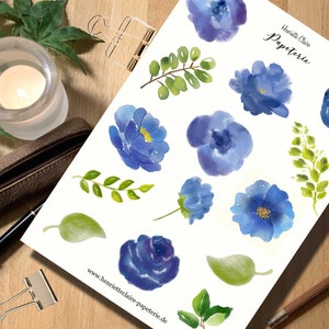 Autocollant fleurs aquarelle tons bleus autocollants peints à la main