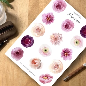 Stickers Ranunculus Rozen Rozen Tinten delicate bloemen wijnrood roze oudroze violet Stickers handgemaakte aquarel aquarel stickers rozen ranunculus