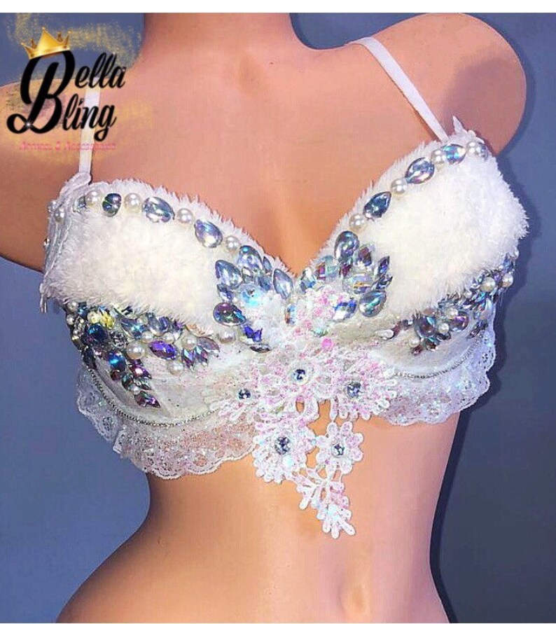White Fur Bling Bra With Irradescent Accents 34 DD Etsy