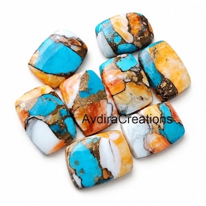 May include: A collection of eight rectangular, polished cabochon gemstones featuring a vibrant mix of turquoise blue, white, and orange hues with dark brown copper matrix veining throughout. The text AvdiraCreations is printed in black across the center.