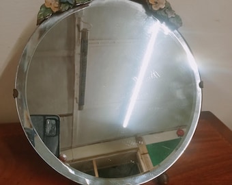 1930s Barbola Mirror, Floral Easel Back Mirror, Round Bevel Edge Vanity Mirror, Vintage Dressing Table Mirror, Cottage Decor