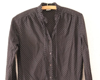 Vintage Blouse S Dots Black Dots 70s 80s Polka Dots Stand-up Collar Cotton Dots Dotted Cotton Blouse