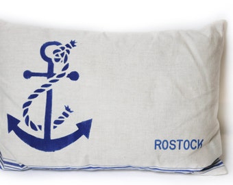 Coussin Maritime Rostock Ancre 30 x 50 cm Vintage Lin Bleu Canapé Coussin Coussin Boho Coussin Décoratif Canapé Sailor Vintage Oreiller 70s Fait à la main