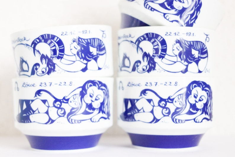 Vintage Bowls 5 Pcs GDR Zodiac Sign Lion Capricorn Maritim soup Bowls porcelain blue Bowl 80S 70s Bowls Salad bowls set