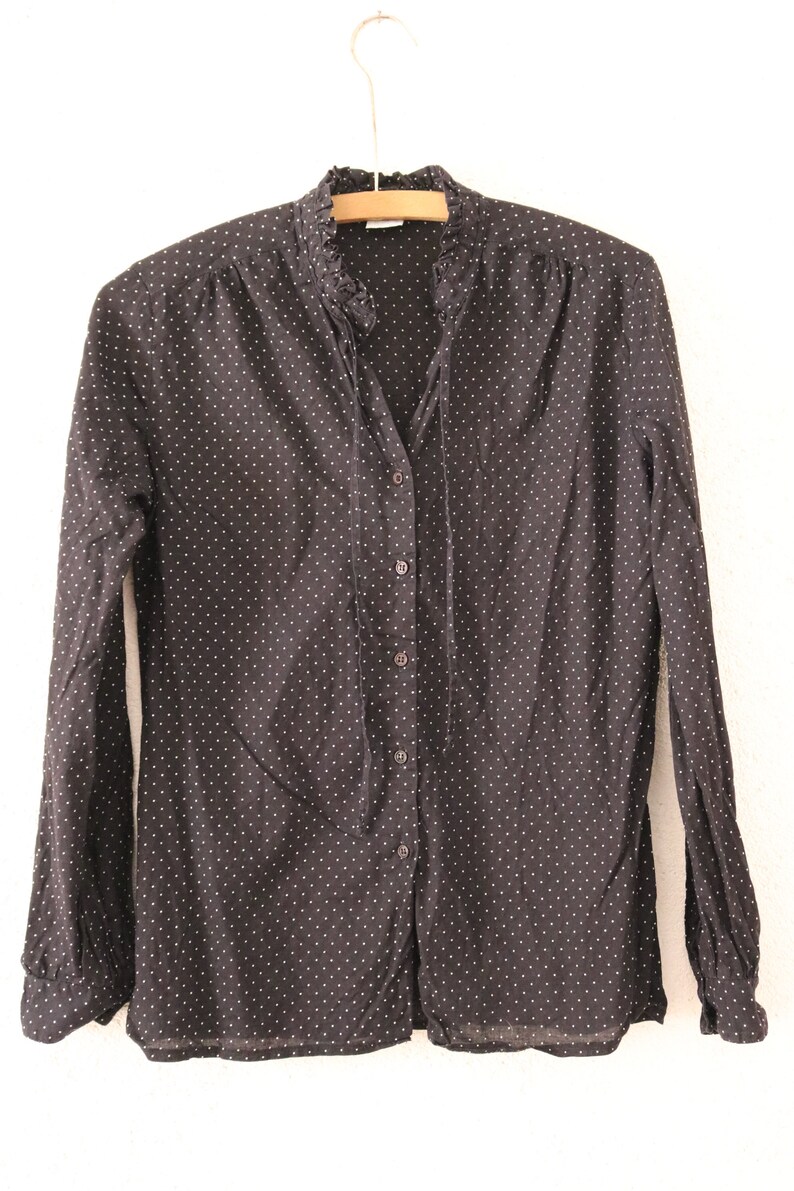 Vintage Blouse S Dots Black Dots 70s 80s Polka Dots Stand-up Collar Cotton Dots Dotted Cotton Blouse image 1