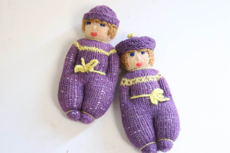 Vintage Set of 2 Rag Doll Waldorf-Art Handmade 12 cm Sibling Wool Doll Cuddly Doll Waldorf Doll Toy Knitted Doll image 2