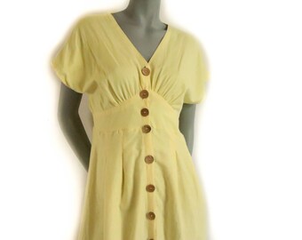 Vintage Summer Dress Cotton Pastel Yellow Dress S/36 Twiggy Button Down Mini Dress 90s 90s Wooden Buttons Hole Pattern