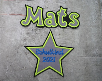 Set Stern Schulkind 2024 und Name Buchstaben Aufnäher/Applikation auf schwarzem Filz Wunschname Einschulung Schultüte