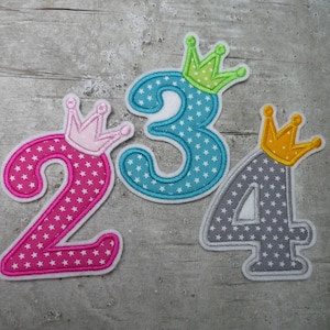 Birthday number with crown patch/application number 1-6 possible fabric selection 2 sizes