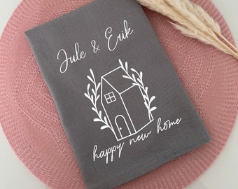 Geschenk zum Einzug Umzug Geschirrtuch personalisiert Neuanfang happy new home