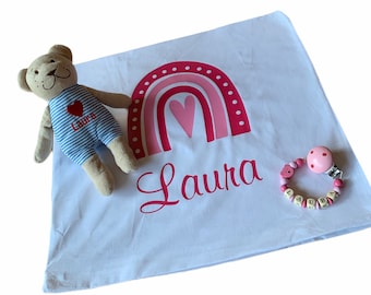 Geschenkset Schnullerkette, Teddy und Kissenbezug mit Namen personalisiert