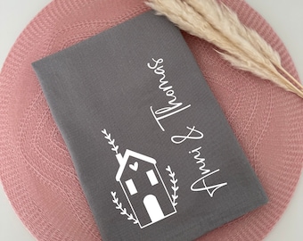 Housewarming gift moving wedding tea towel personalized new beginning family