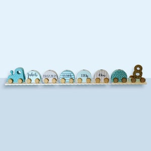 Wooden birthday train with name dates of birth personalized train birthday with numbers Jabadabado candles