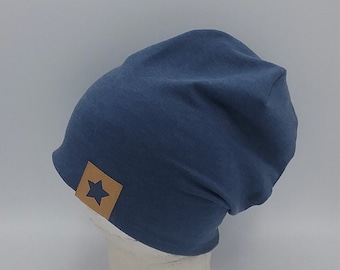 Beanie Mütze jeansblau meliert für Kinder, Frauen, Männer, Label Stern