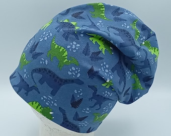 Mütze Beanie für Jungen blau mit Dinosauriern