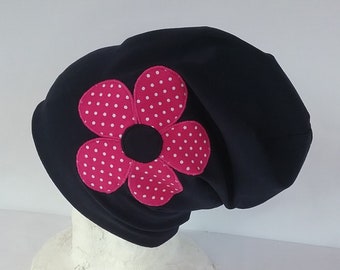 Mütze Beanie für Mädchen blau mit pinker Blume