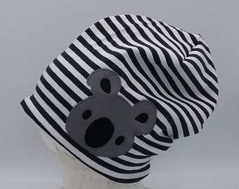 Beanie Mütze  für Kinder blau weiß gestreift mit Koalabär, Babymütze